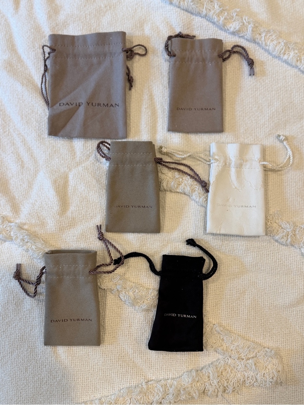 David Yurman Drawstring Jewelry Pouches in Beige, White & Black - 6 bags